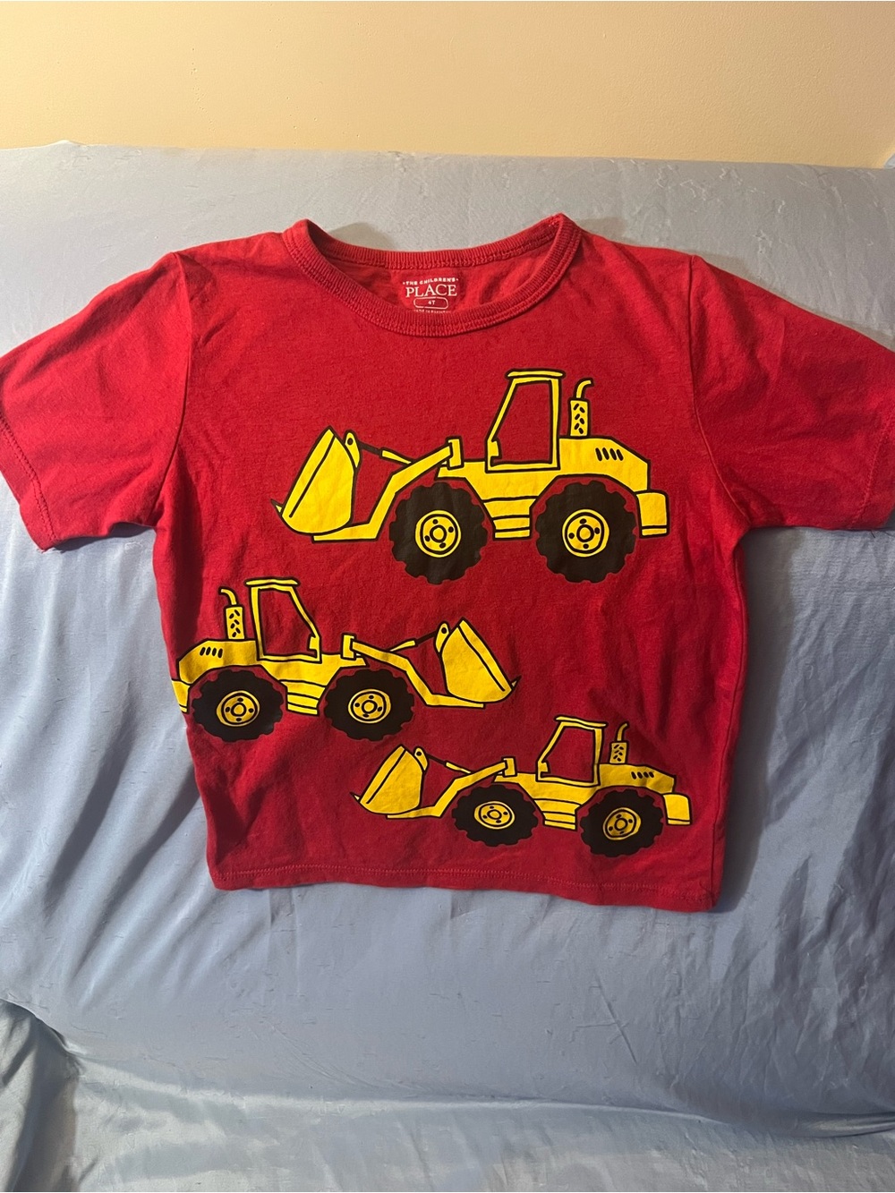 The Children's Place Red Tee with Yellow Bulldozers